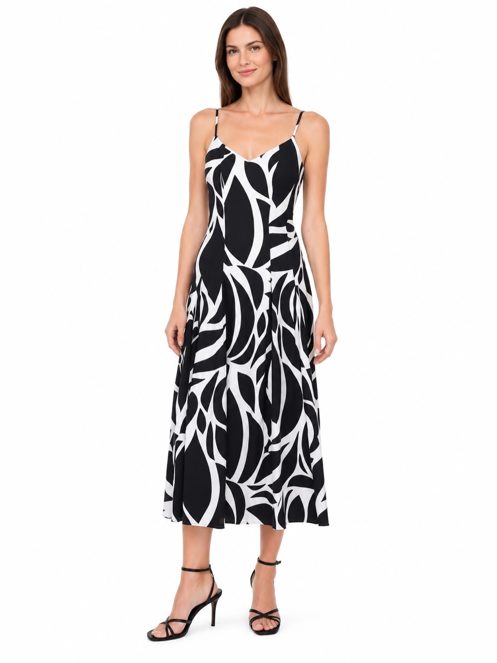 Halogen Black & White Abstract Floral Godet Pleat Midi Dress – Small NWOT